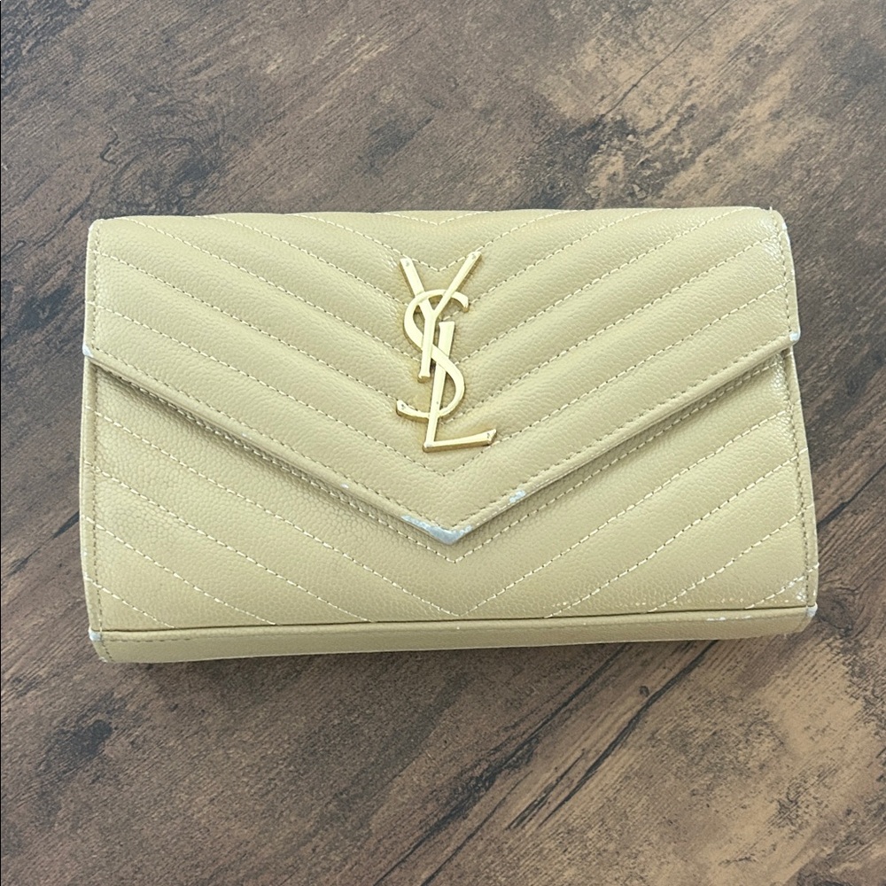 Elegant Quilted Leather Wallet in Tan - YSL logo